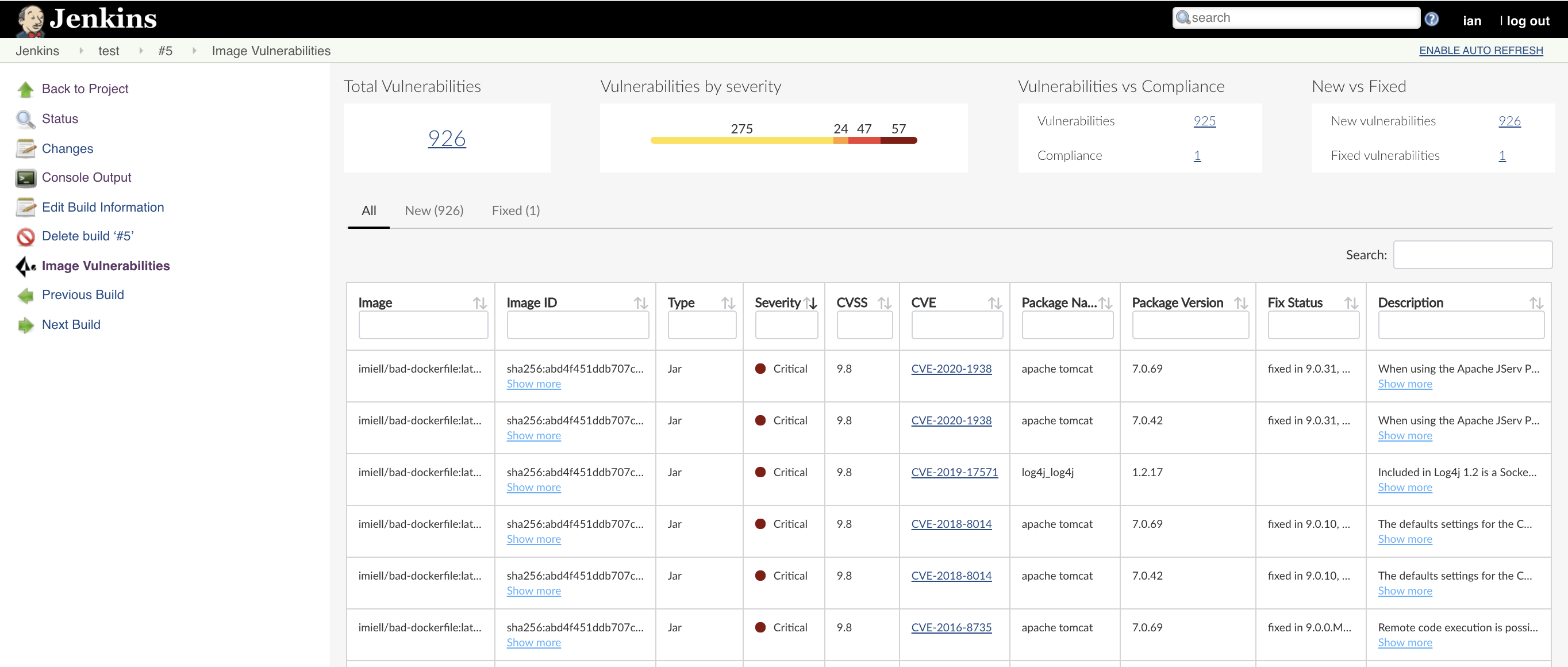 jenkins dashboard scan results