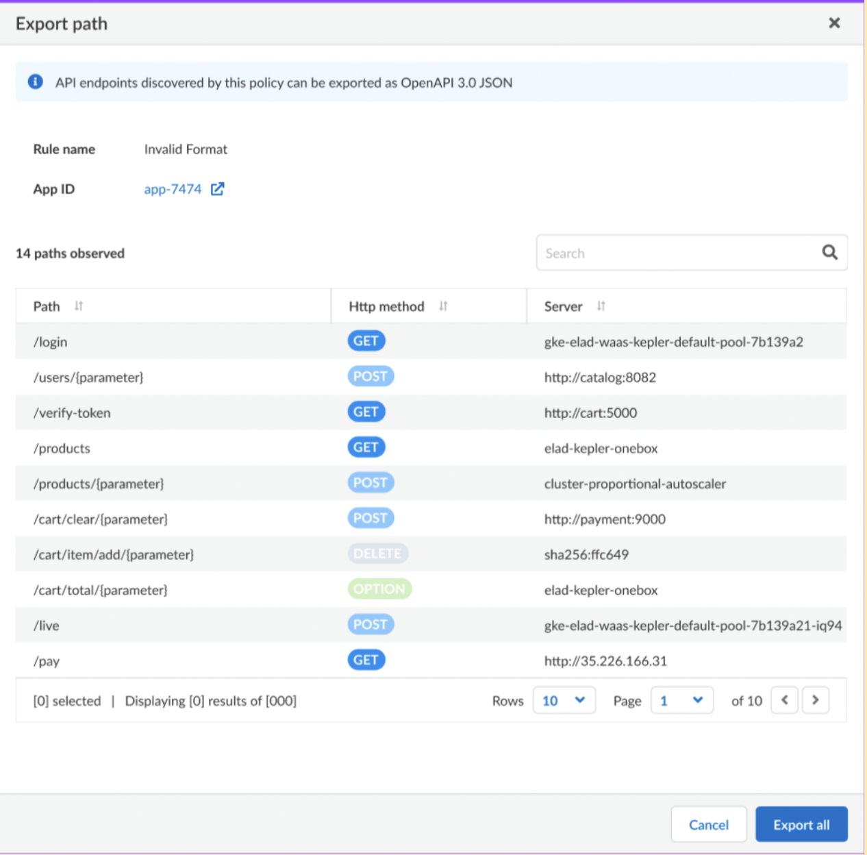 export api specifications